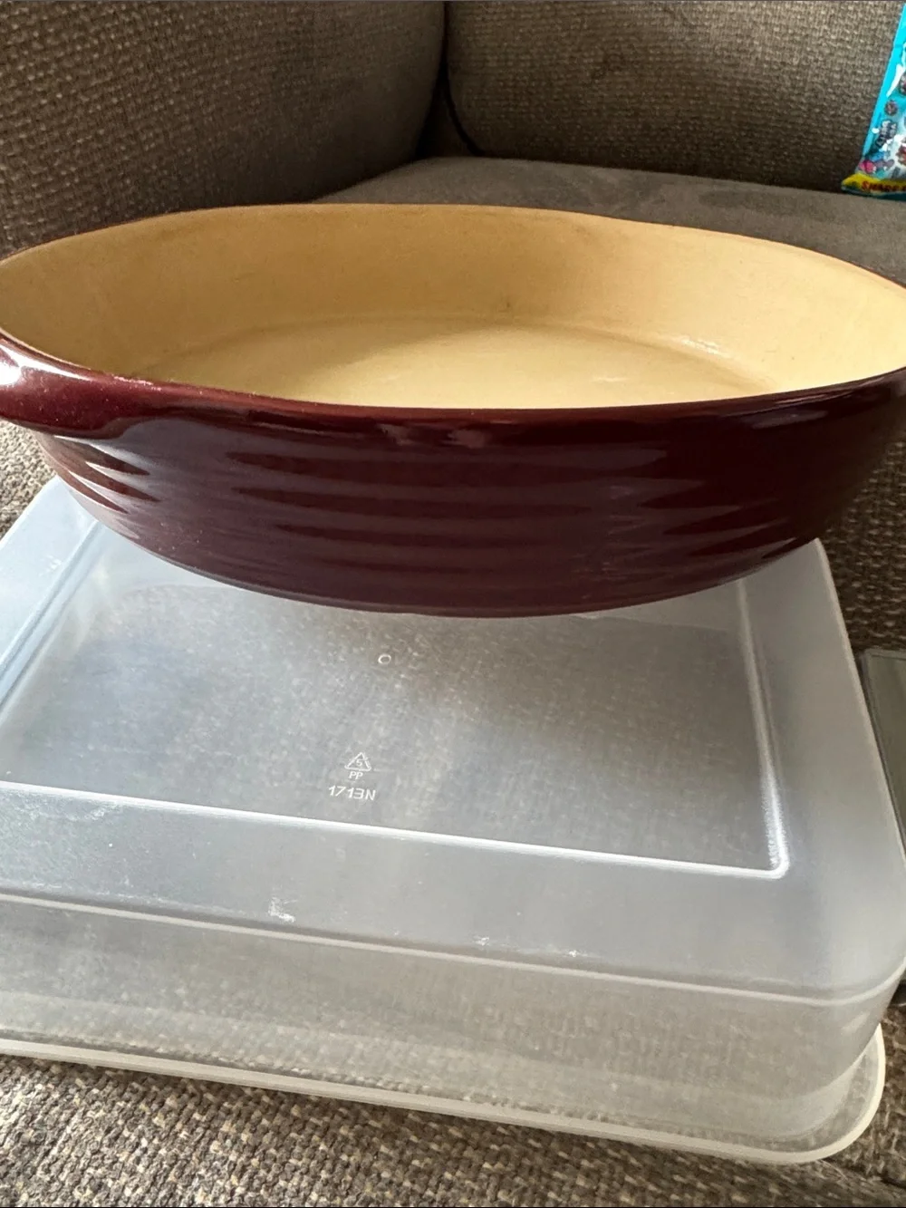 The Pampered Chef Round Ceramic Baker in Burgundy and Cream